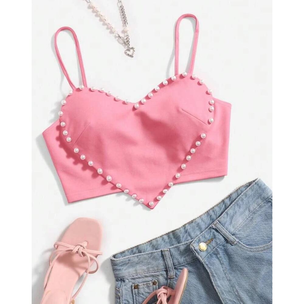 Shein Womens Girly Valentines Day Pearl Beaded Heart Cami Crop Top Size XS Pink‎